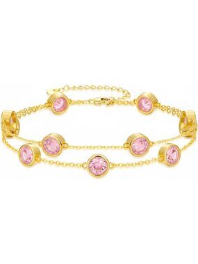 14K Gold Birthstone Charm Bracelet for Women - Layered Link Jewelry Gift for Her
